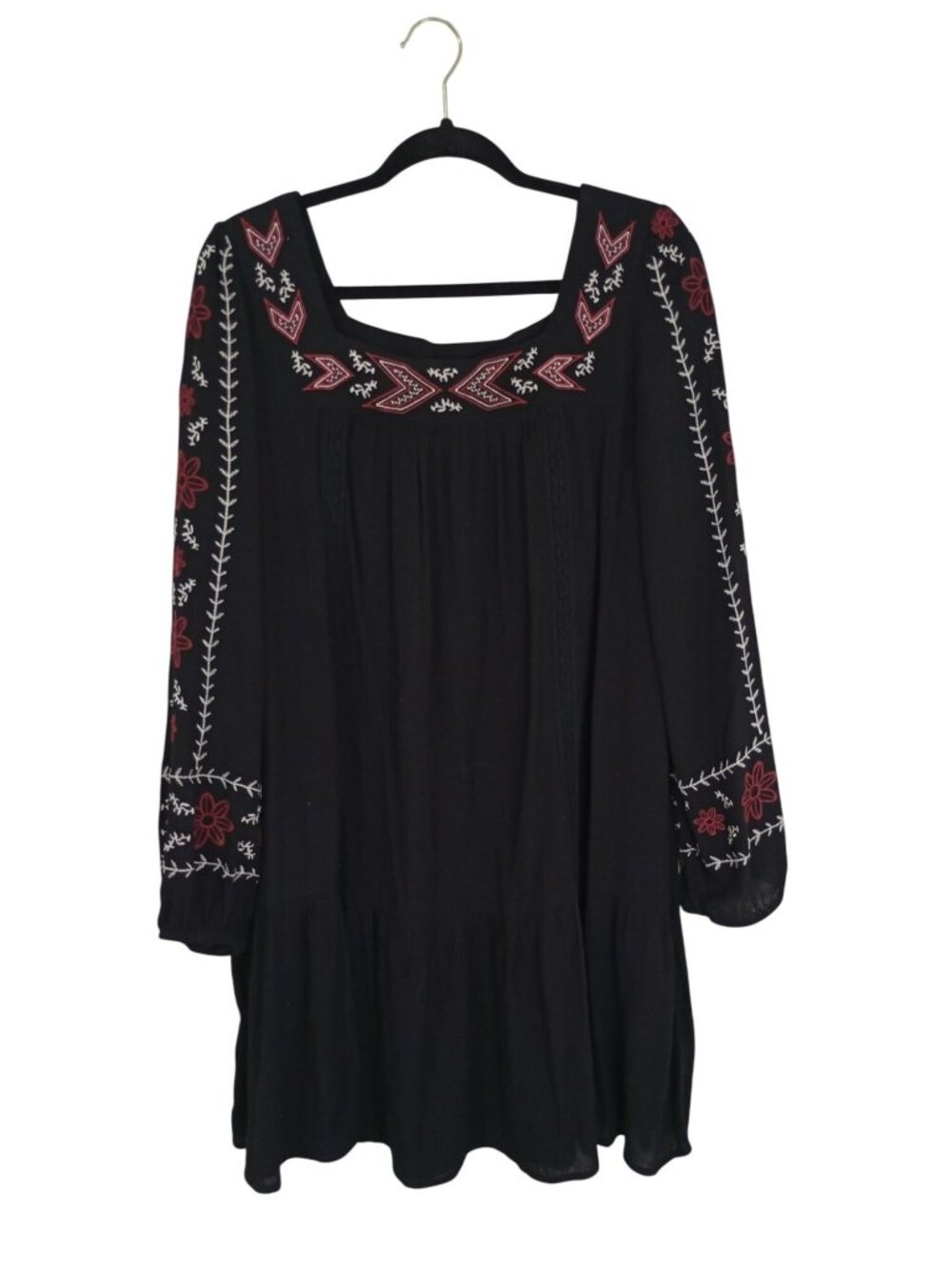 Boho-Inspired Black Dress Floral Embroidery Tiered Hem Women Sz L By Xhilaration